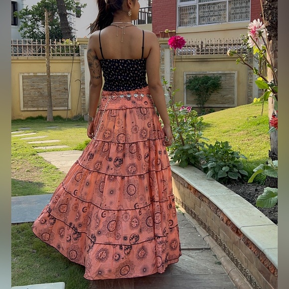 Celestial Sun Moon Print Flowy Tiered Bohemian Skirt - Picture 6 of 7